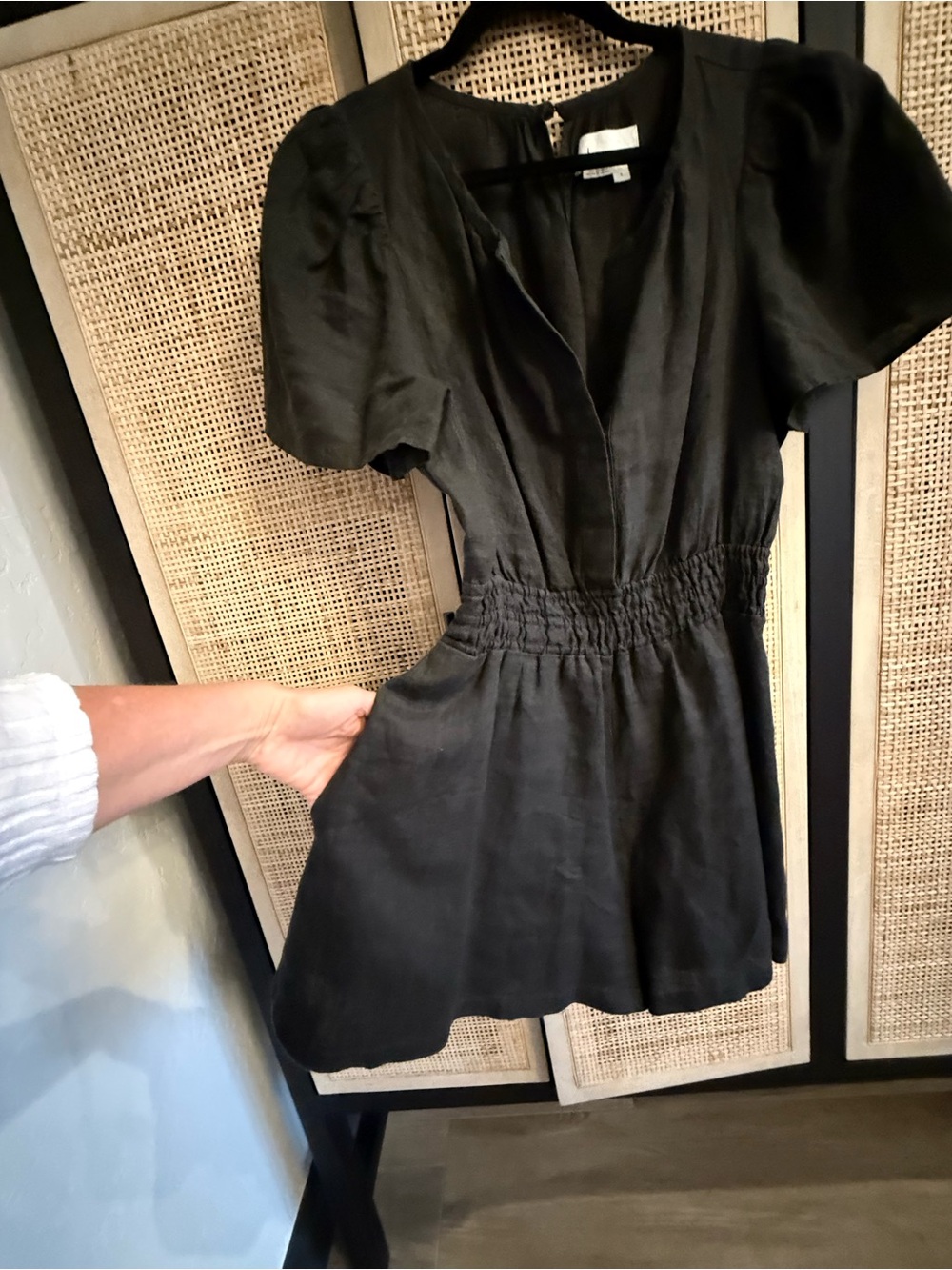 Anthropologie Black Short-Sleeve Smocked-Waist Romper - Picture 3 of 10